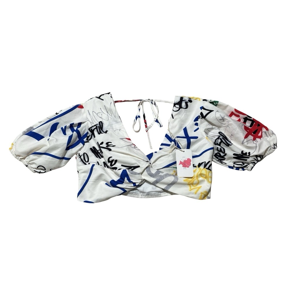 L'ATISTE By Amy Women's‎ Tie Down Short Sleeve Cropped Top Graffiti Size Large